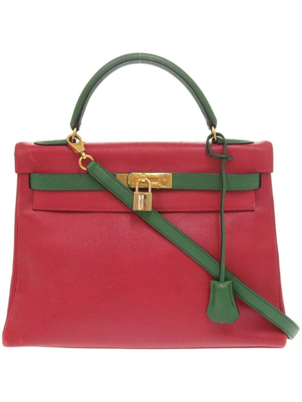 Hermes Kelly 32 Retourne Bicolor Courchevel Rouge Vif Vert Gold Handbag